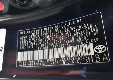 2016 Toyota Corolla Le Plus from USA, damaged, VIN 5YFBURHE5GP432052